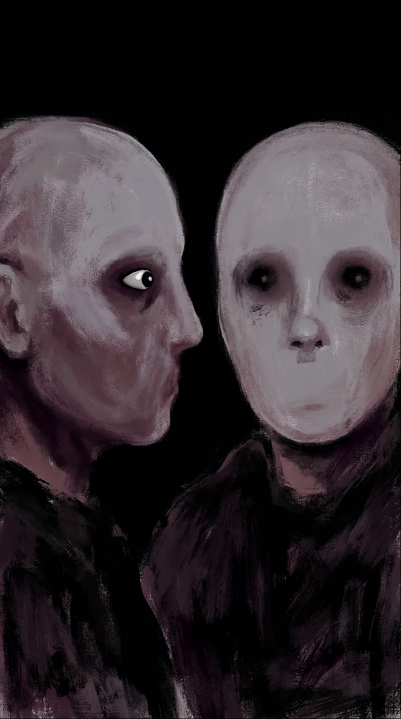 Two pale painted figures in the dark: one in profile with a single glossy eye, one facing forward with hollow eyes