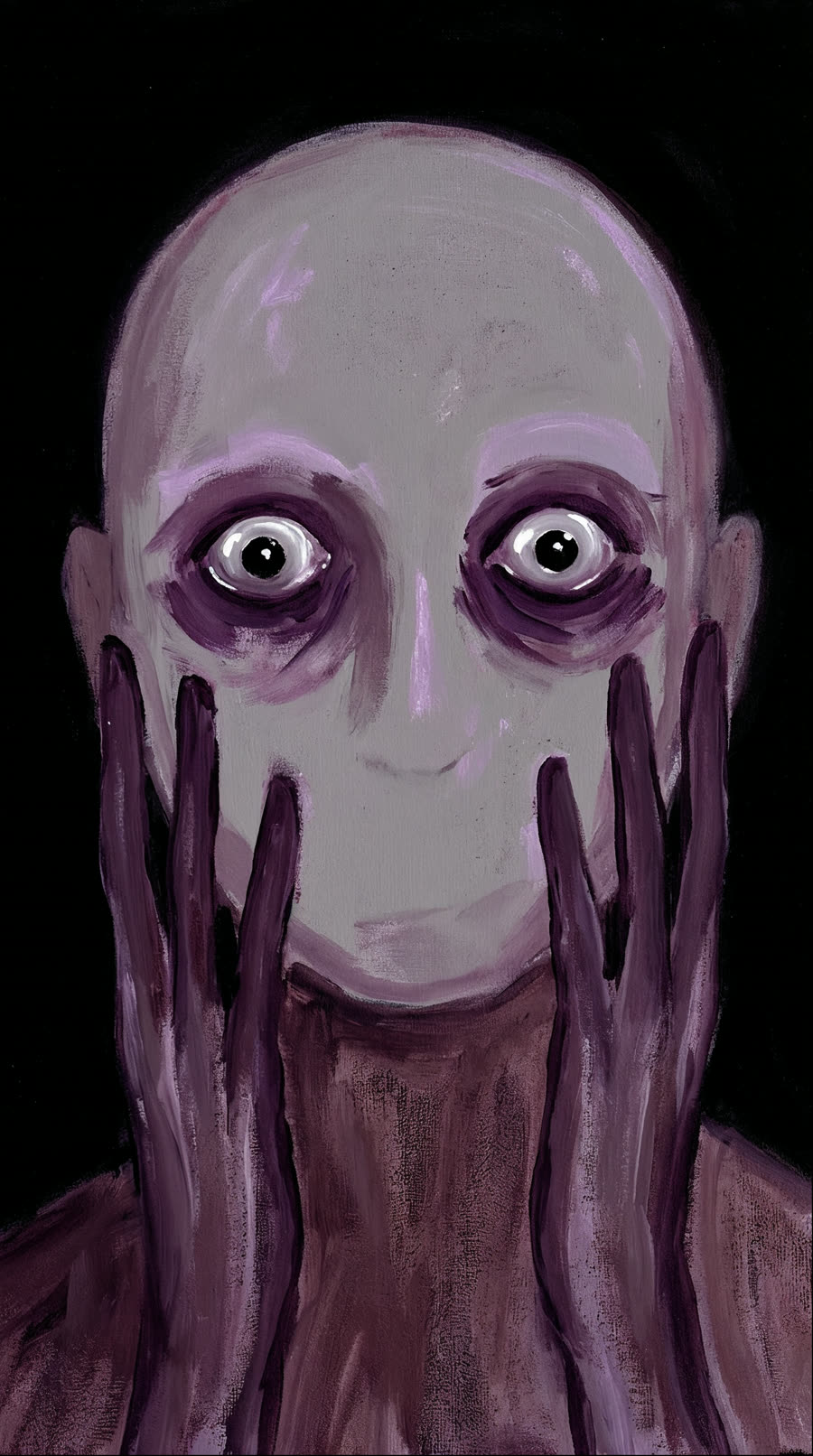 A painted face with wide eyes and long fingers pressed to its cheeks